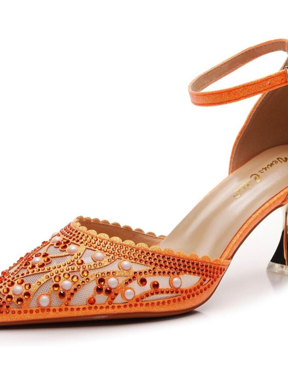 Women's Orange Platform Shining Lady Slingback Pump Shoe With Ankle Buckle